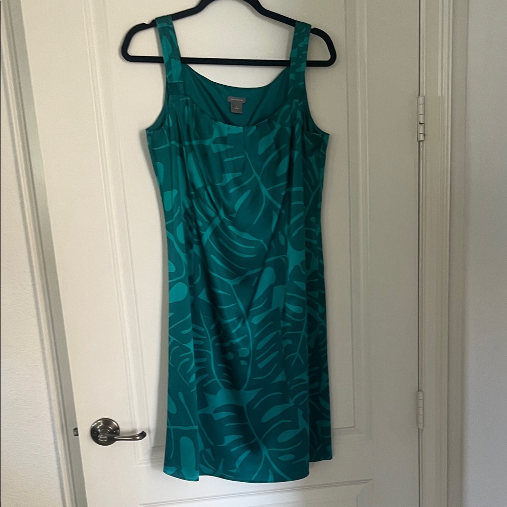 Ann Taylor Teal Leaf Silk Print Dress sz 8